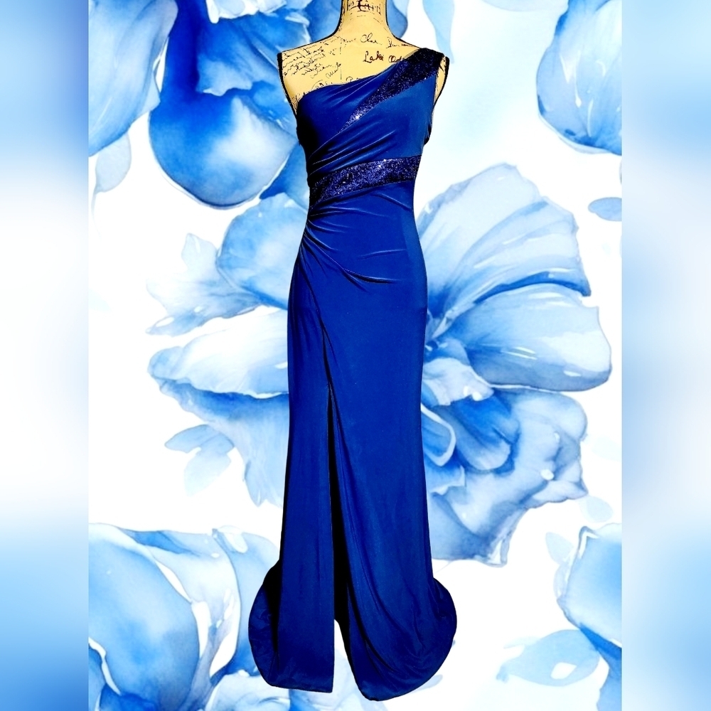 Hailey Logan By Adrianna Propell Royal Blue One Shoulder Gown